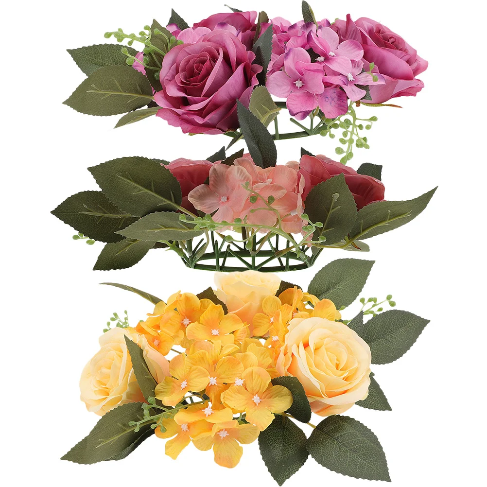 

3Pcs Simulation Rose Rings Handmade Candlestick Garland Wreaths Holiday Party Decor Wedding Dining Table Centerpieces