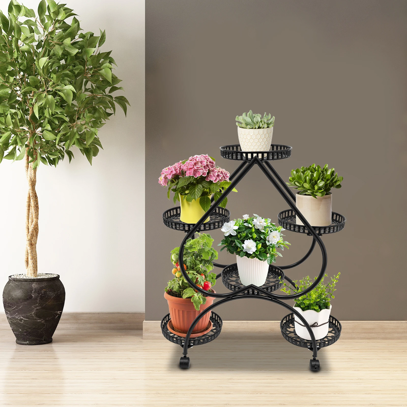 6 Potted Metal Plant Stand Heart-shaped Flower Pot Stand 6 Trays Plant Display Rack Plants Holder w/ 4 Universal Wheels - Image 2