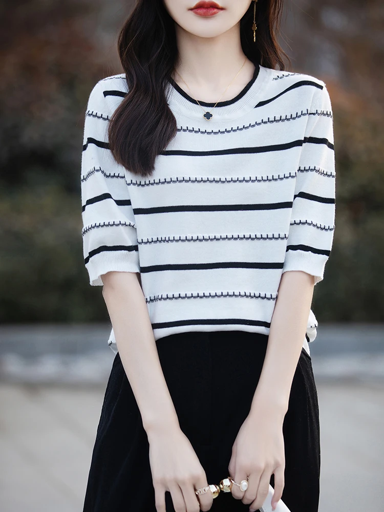 

Women's Summer Short Sleeved Round Neck Sweater Spring And Autumn 100% Andy Velvet Knit Sweater Casual T-shirt Elegant Top SMY