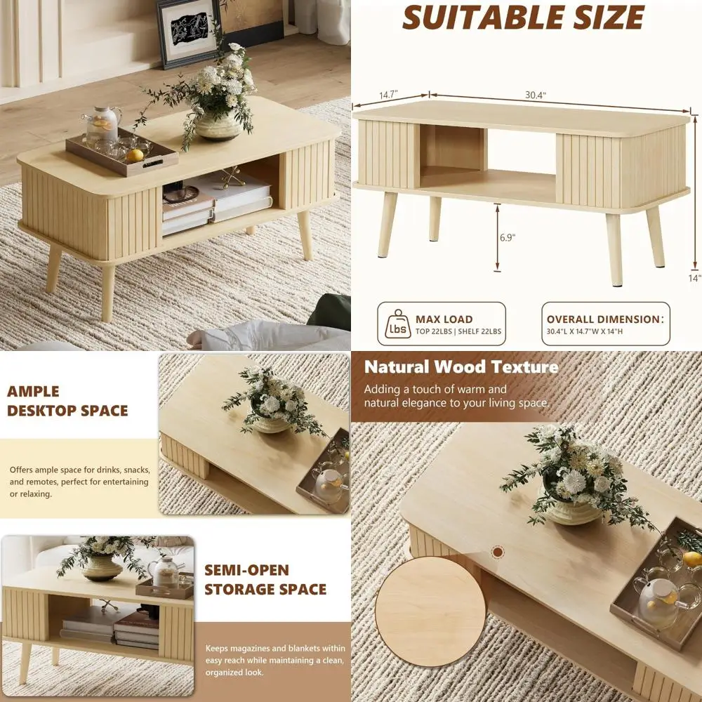 

Rectangular Storage Coffee Table for Living Room with Rounded Corners and Easy Assembly, Natural Wood Finish