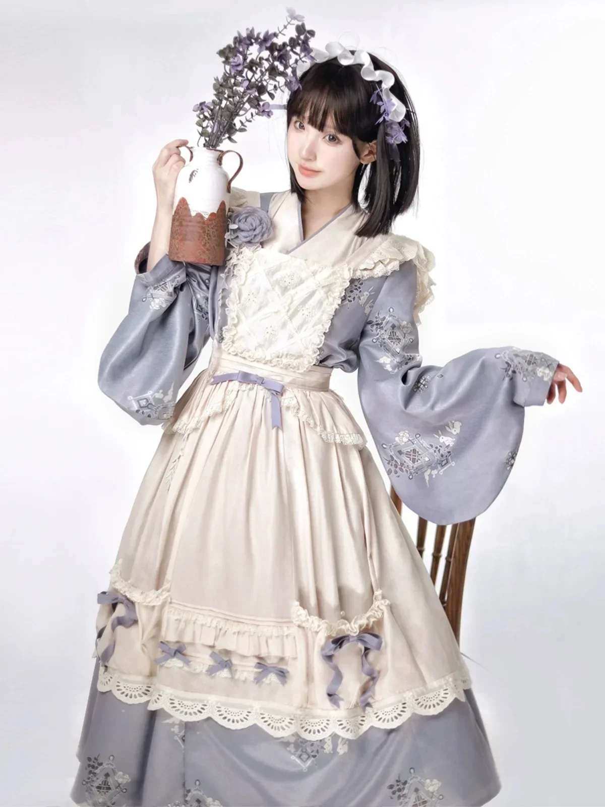 

Elegant Classical Printing Long Sleeve Single-breasted Lace-up Casual Purple Hanfu Dress Women spring Chinese Style Lolita Dress