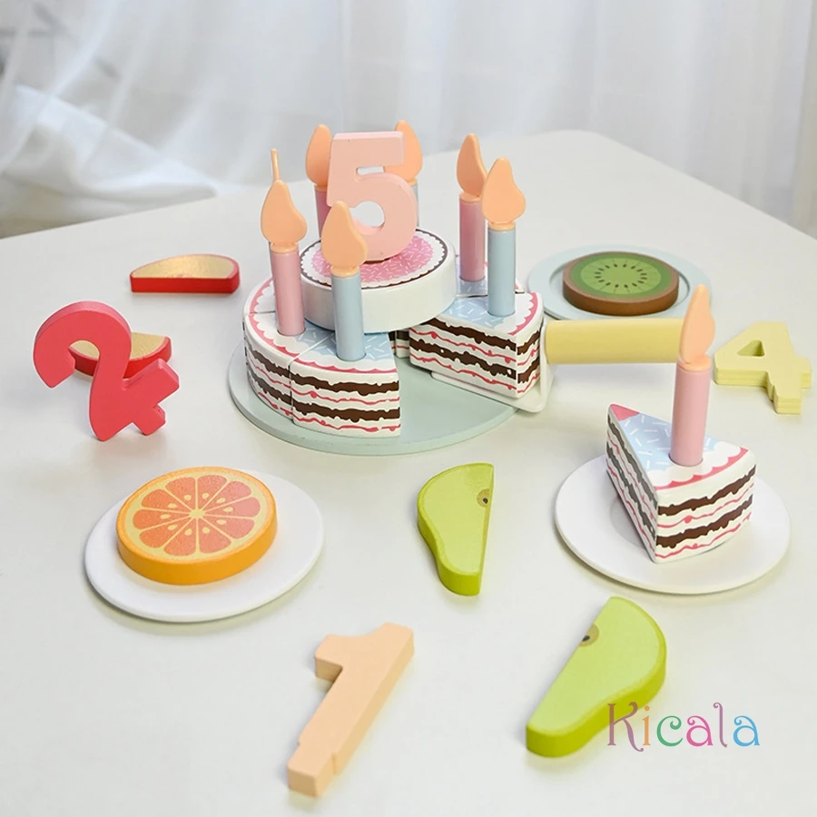 Jouets de cuisine en bois pour enfants, Simulation de gâteau d'anniversaire, jeu de Simulation de coupe de nourriture, jeu de rôle pour enfants, cadeaux pour garçons et filles
