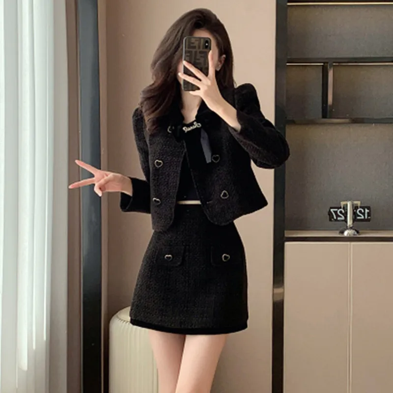 

Winter High Quality French Retro Small Fragrant Two Piece Set Women Bow Jacket Coat+Mini Skirt Suits Fashion Sweet 2 Piece Sets