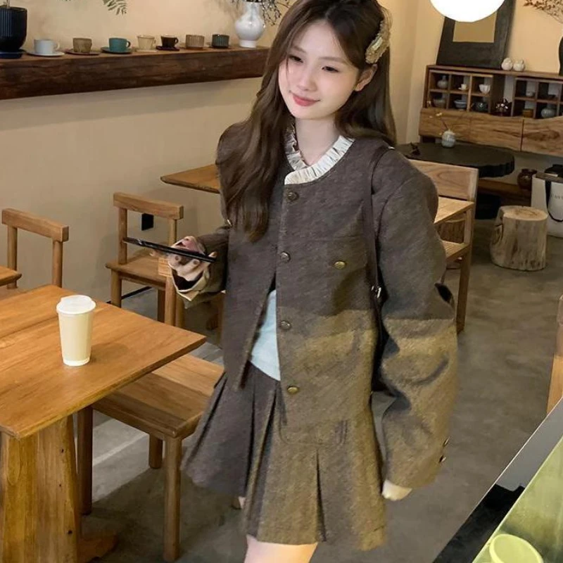 Vintage Y2k Cropped Blazer Mini Skirt Suits Korean Women Long-sleeved Tops Jacket with A-line Pleated Skirt 2pc Set Tweed Outfit