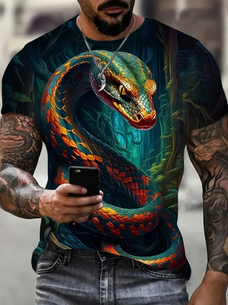 Fashion 3D Snake Printed T Shirt For Men Funny Animal Pattern Oversized T-shirt Summer Hip Hop Trend Clothing Casual O-neck Tops