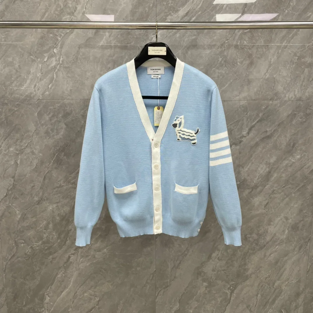 TB Heaven Blue Small Dog V-Neck Color Block Embroidery Wool Knitted Cardigan Preppy Style Men's Women's Pullover Sweater