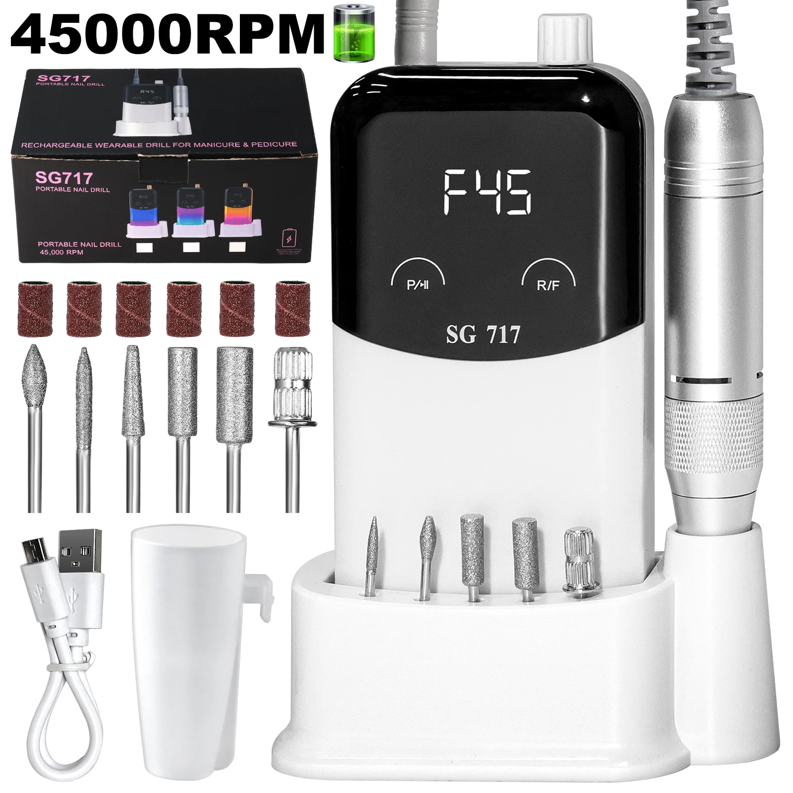 45000RPM Electric Nail File Professional Nail Polishing Machine Rechargeable Low Noise Nail Sander File For Manicure Salon