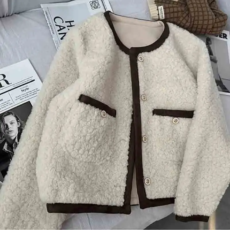 Lucyever Autumn Winter Lamb Wool Jacket Women Korean Thicken Contrast Short Plush Outwear Female Vintage Loose Long Sleeve Coat