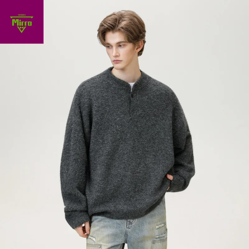 

【Mirrordust】Осенне-зимний свободный вязаный свитер с воротником на пуговицах в корейском стиле, повседневный пуловер в стиле ретро для мужчин