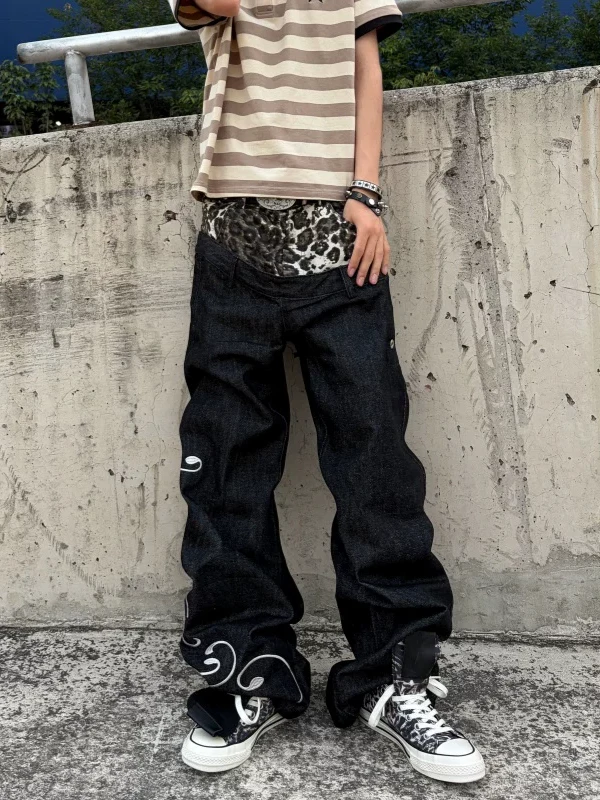 Retro American Leopard Print Embroidered Original Jeans Men's Lightweight Street Loose Straight Leg Pants Youth Trendy Jeans