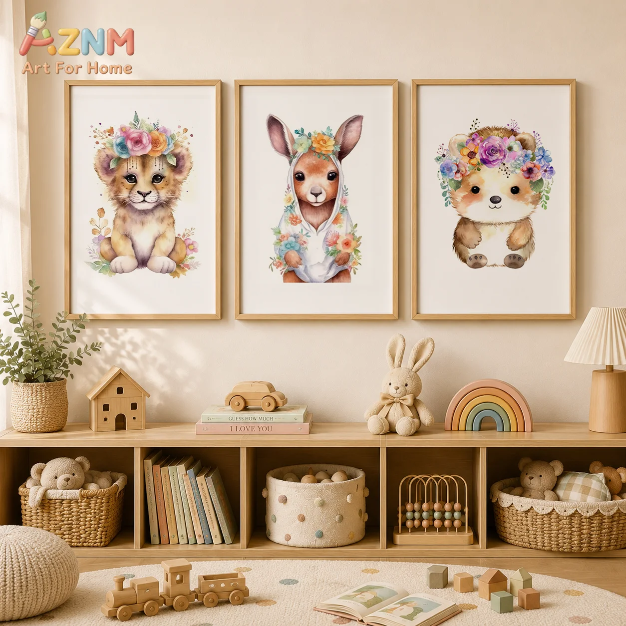 AZNM Unframed Canvas Print Watercolor Floral Animal Wall Art Cute Giraffe Fox Lion Nursery Home Decor Poster