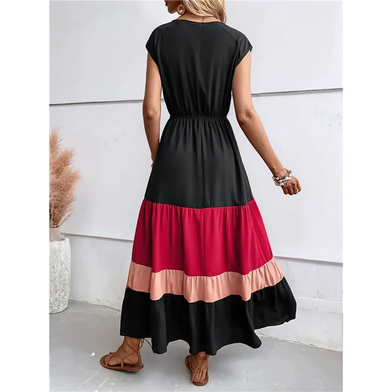 【SEE】Damen-Party-Farbblock-Kleid, hohe Taille, kurze Ärmel, Maxi-Kleid mit V-Ausschnitt, lässiges Kleid mit gerafftem Rüschensaum