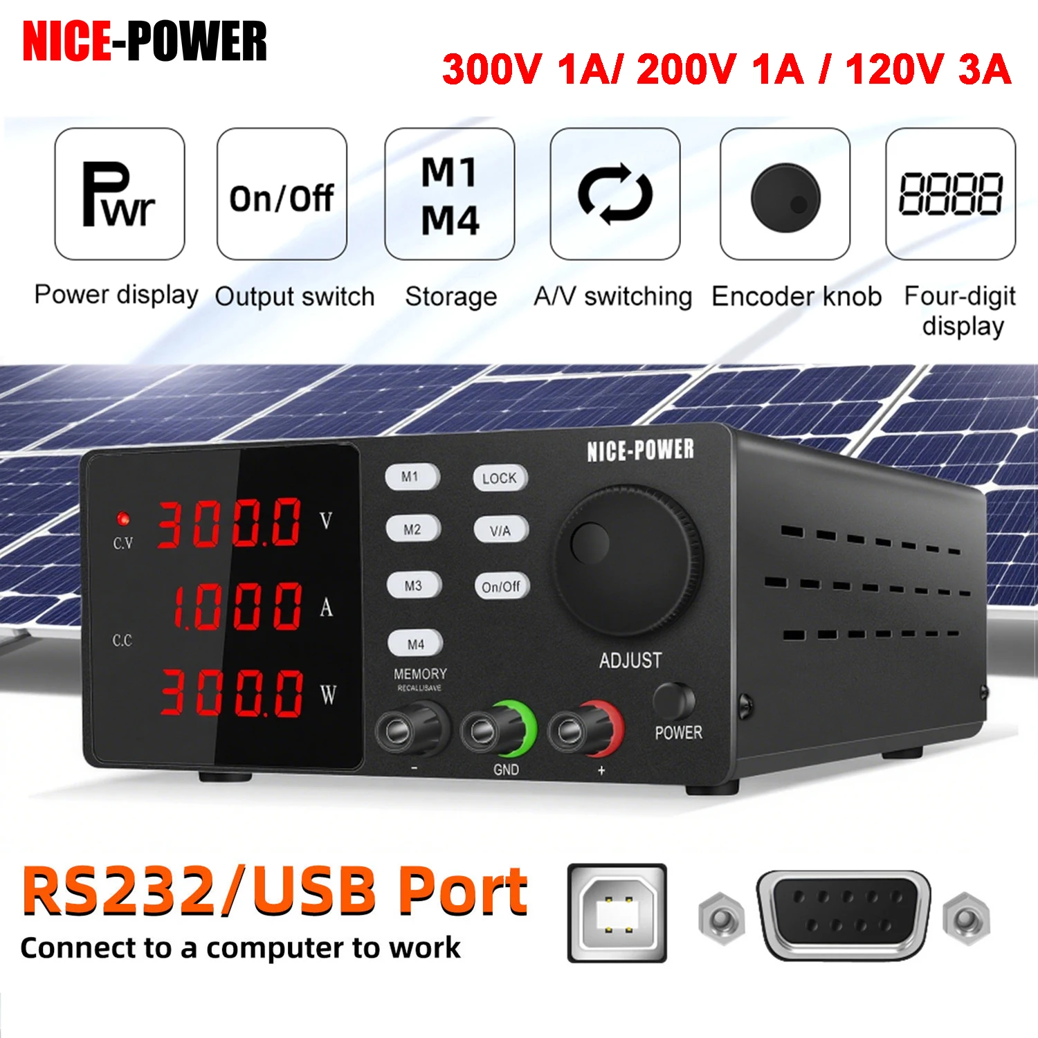 NICE-POWER 200V 300V 1A Labratory Power Supply RS232 USB Software Control Bench Power Source For Solar Panel 120V 3A 60V 5A