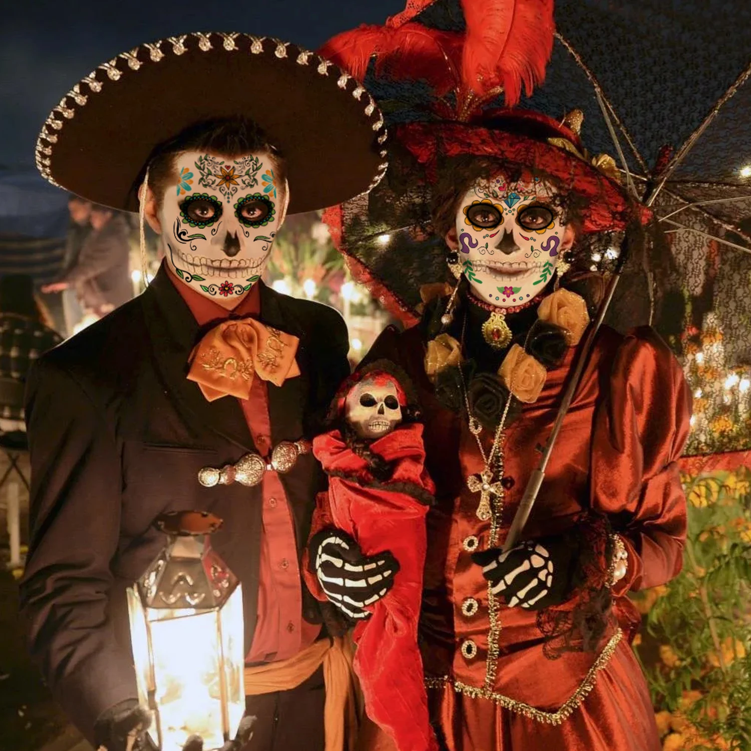 Day of the Dead Face Tattoos and Skeleton-Painted Day of the Dead Decorations, Suitable as Accessories and Party Favors.