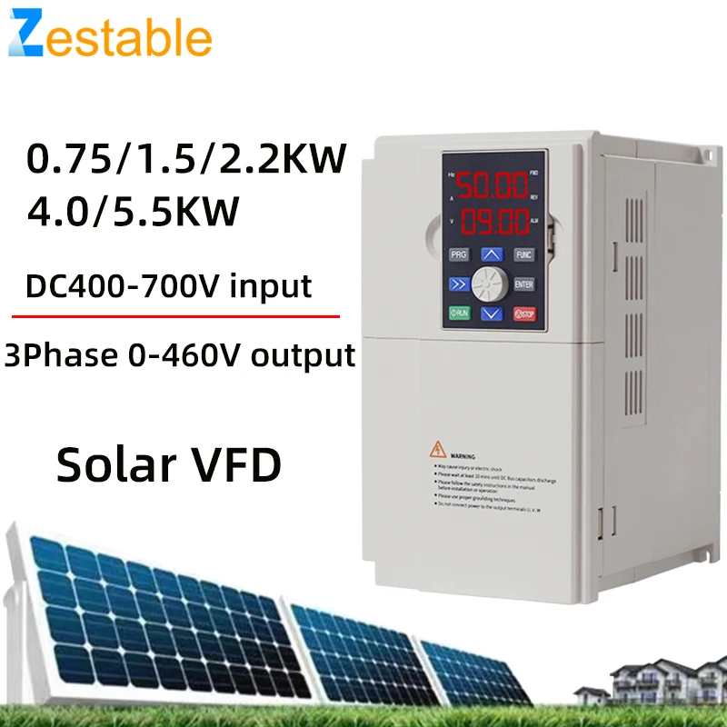 

Solar VFD DC250-880V to 3PH 380V 0.75/1.5/2.2/3/4/5.5/7.5KW Variable Frequency Drive Converter for Motor Speed Control Inverter