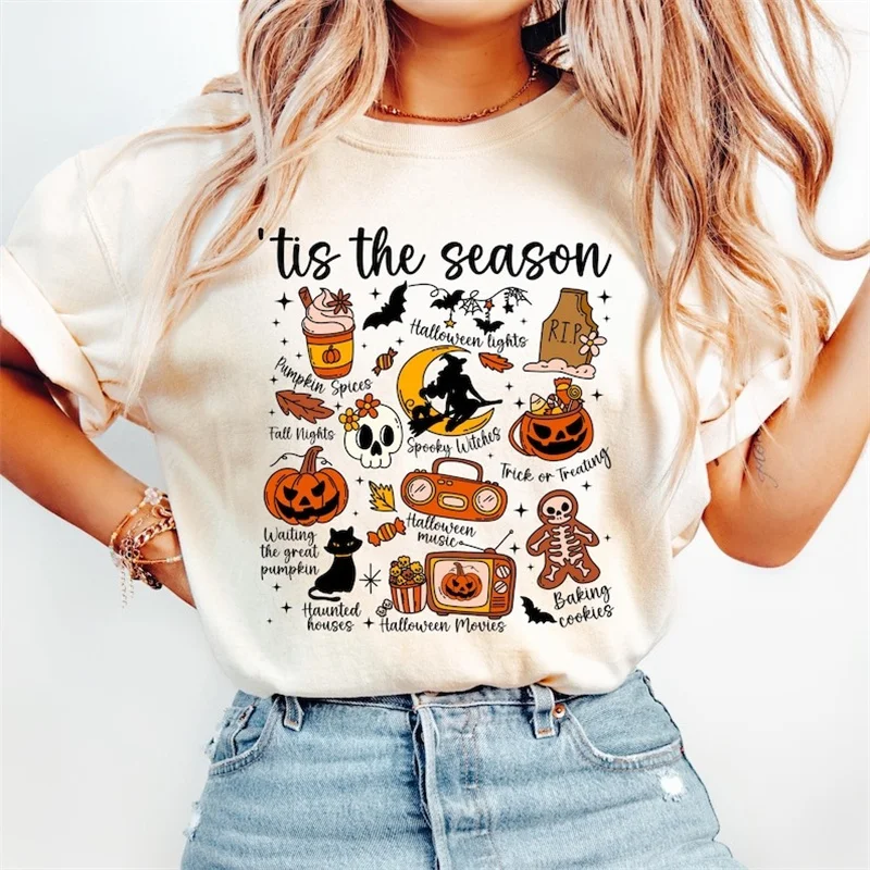 

Halloween Lights Spooky Witches Printed T-Shirt Street Women's Short Sleeve Women's T-Shirt O-Neck Retro Fun Clothing T-Shirt