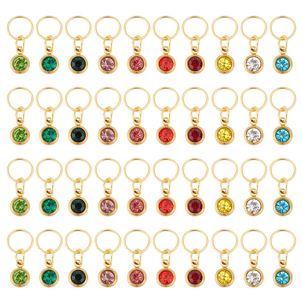 40 Pcs 10 Colors 18K Gold Plated Flat Round Rhinestone Charms 201 Stainless Steel Colorful Birthstone Pendants DIY Beads Pendant