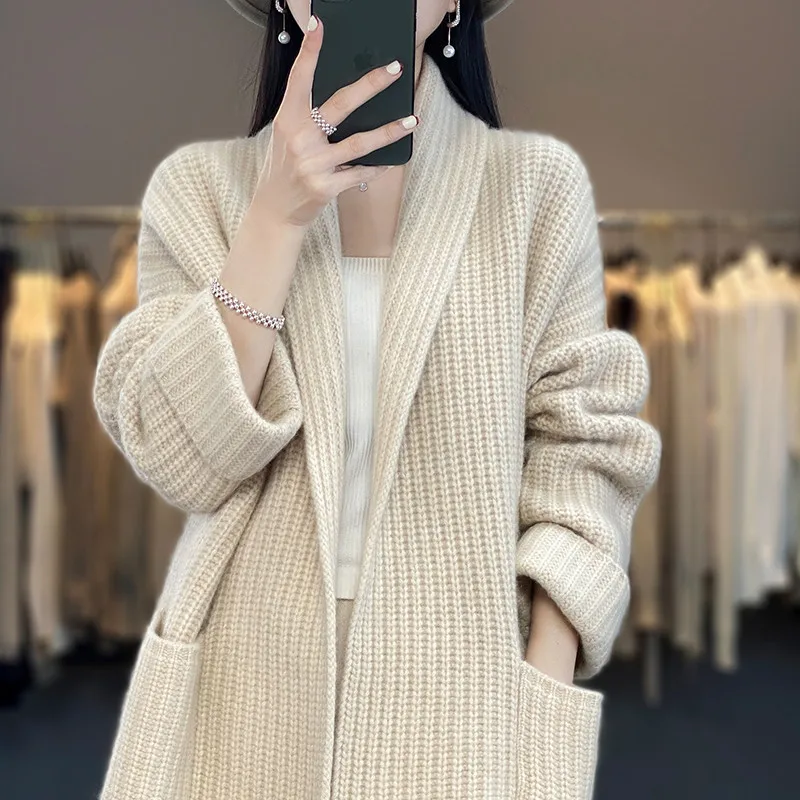 Knitted Cardigan Coat 2024 Autumn Winter New Lazy Style Mid-length V-neck Sweater Women's Loose Outer Long Sleeve