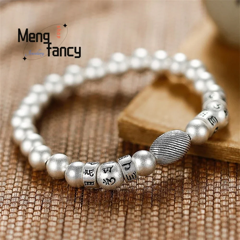 999 Sterling Silver Vintage Ethnic Style Six-word Motto Round Bead Braided Bracelet Simple Exquisite Couple Fashion Fine Jewelry