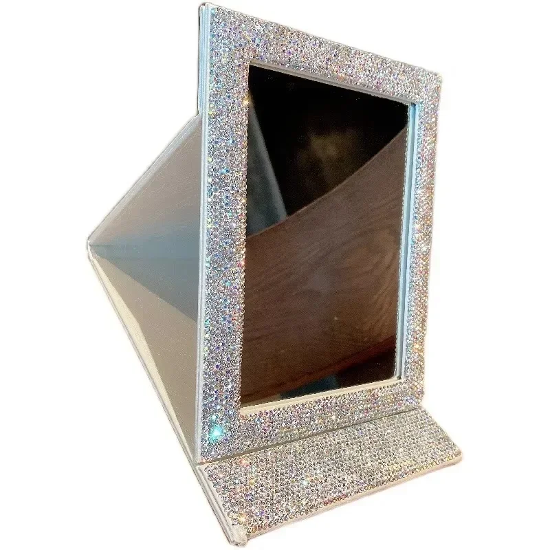 Pearlescent Portable Diamond Rectangle Pearlescent Rhinestone Makeup Mirror Foldable Makeup Mirror with Polyurethane
