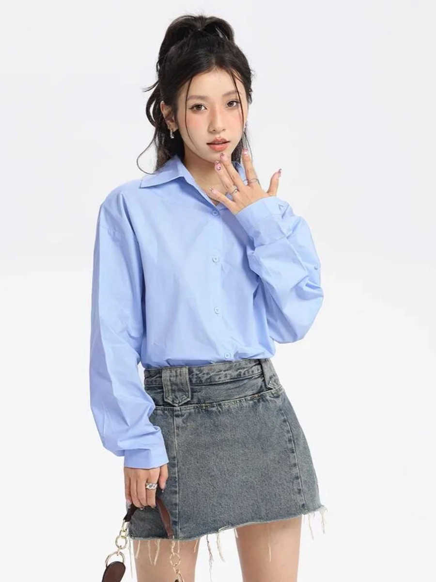 

Blue Loose Long Sleeve Shirt Women's Spring Autumn Korean Style Sweet Japanese Style Slimming Versatile Fashionable Outerwear