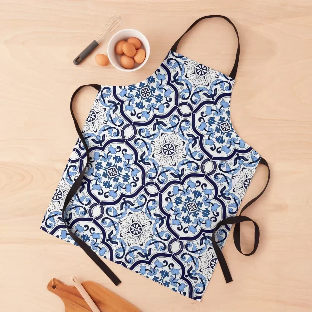 

Blue Ornate Floral Mediterranean Sicilian Tile Apron Women's Kitchen Smock for hairdressing Things For Kitchen Apron