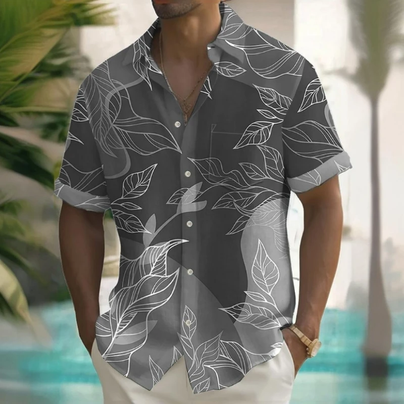 Camisa havaiana com estampa 3D de flores de praia masculina, camisas masculinas de manga curta, roupas largas, diárias, casual, 2024