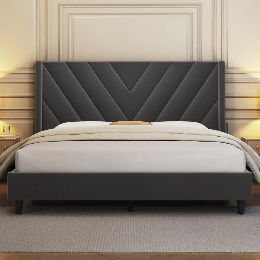 Dark Gray Queen Bed Frame with Upholstered Platform Design and Wing Side Style Tufted Headboard Featuring Wooden Slats for Matt