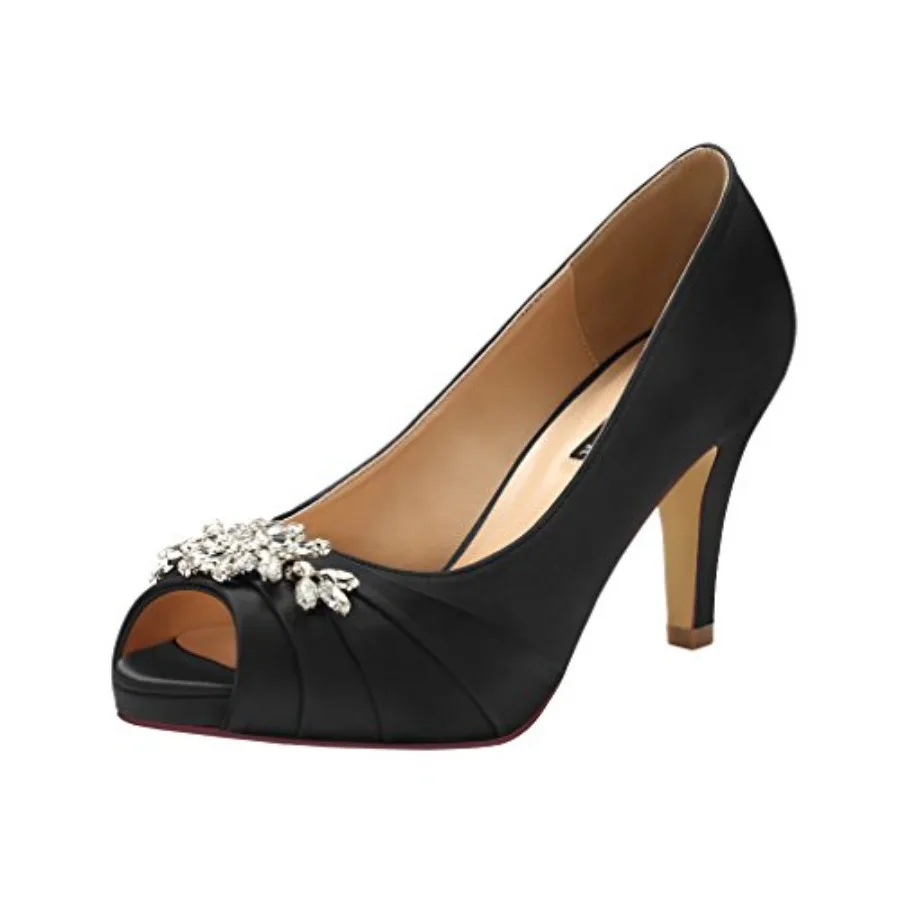 

ERIJUNOR Peep Toe Mid Heels for Woman Rhinestones Satin Evening Prom Wedding Shoes