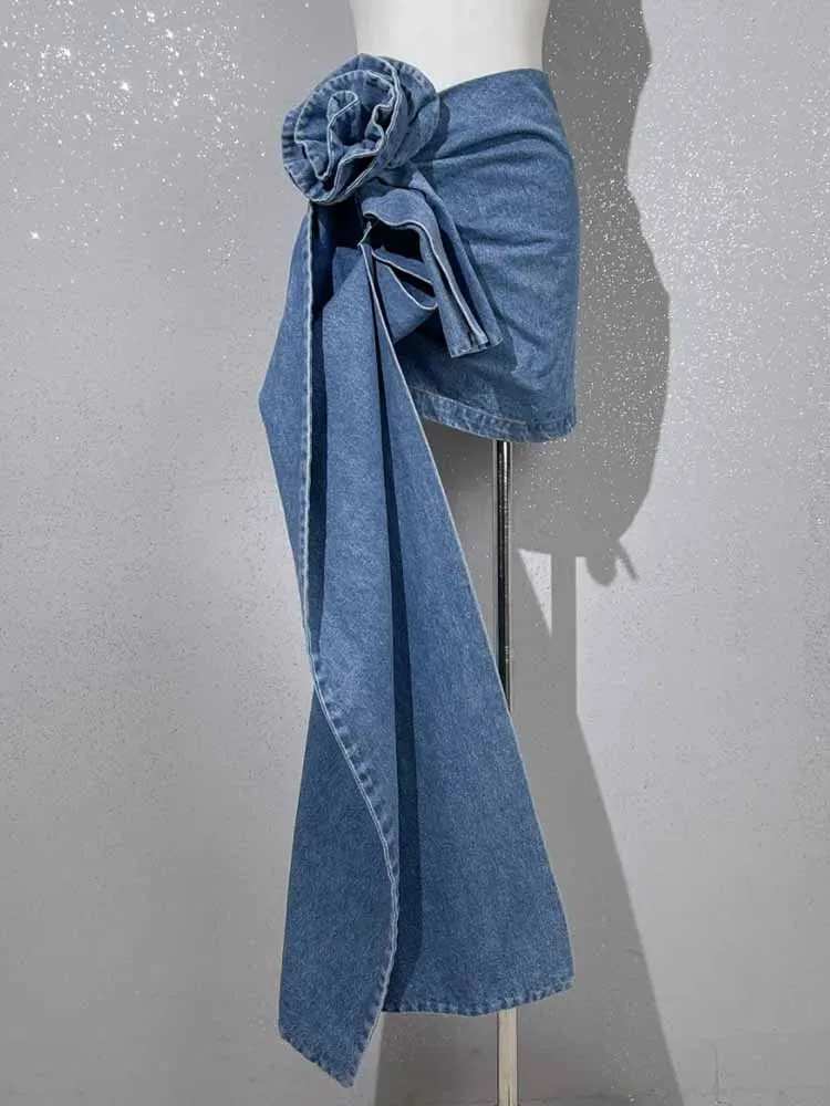 BKQU 2024 夏デニムミニスカート Y2K 美的 3D 花デザインハイウエストマイクロスカートスキニーラップジーンズ Penceil スカート女性