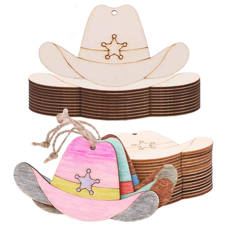 10Pcs Unfinish Natural Wood Cowboy Hat Pendant Wooden Craft Blank DIY Painting Cowboy Hat Wood Chip Party Home Decoration Supply