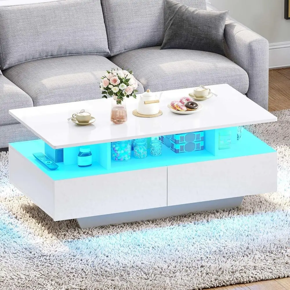 Modern White LED Coffee Table with 4 Drawers, Rectangular Storage Table for Living Room, Open Shelf & Sliding Drawers