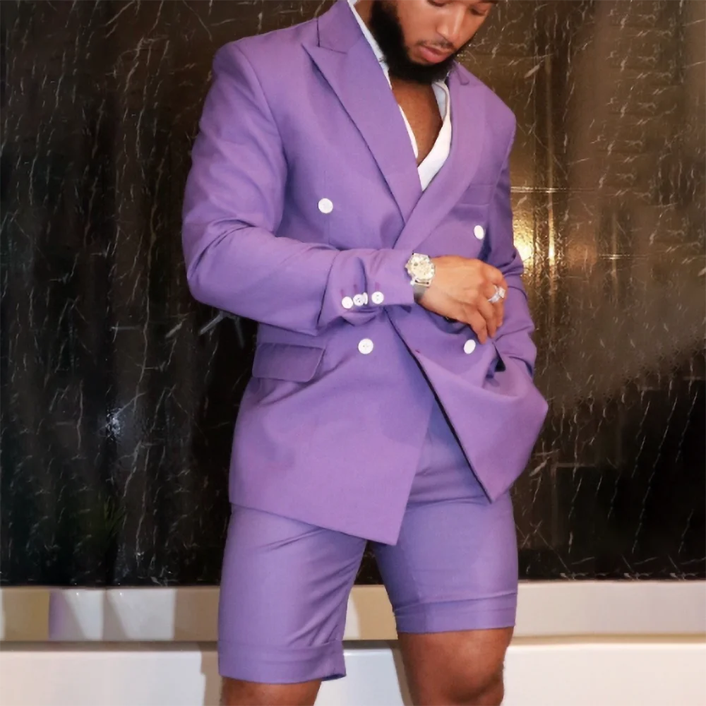 

Purple Men Suit 2 Pieces Business Blazer Short Pants Double Breasted Summer Wedding Groom Formal Work Wear Party Causal Tailored