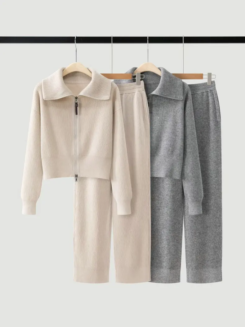Women'S Cashmere Knit Set (Fall/Winter 2026): Collared Zip-Up Cropped Cardigan And Straight-Leg Trousers view 4