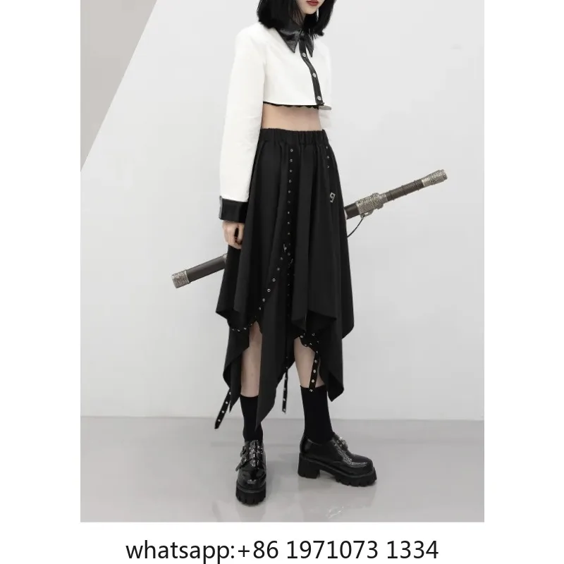 Irregular Skirt Girl's New Dark Tie Street Punk Wind Weave Buckle Medium-length Y2k Gothic Long Skirt