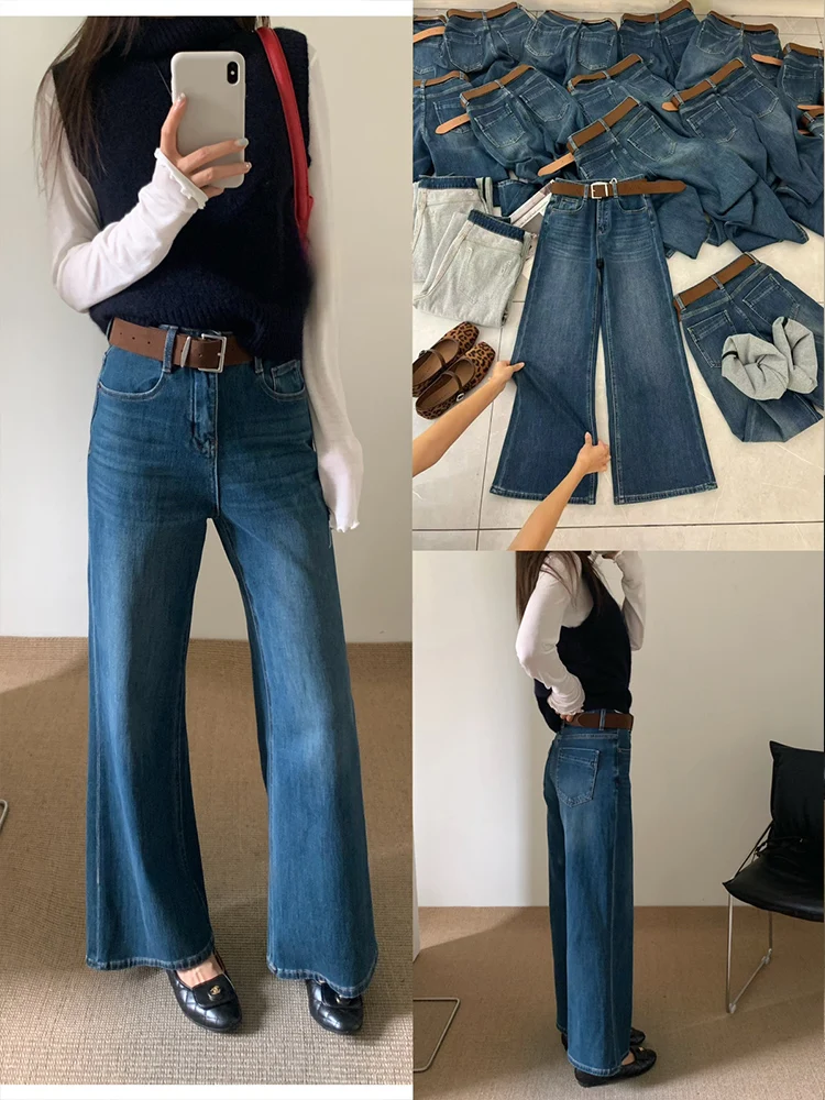 

Свободные джинсовые брюки свободного кроя с высокой талией в стиле ретро, повседневные зимние синие джинсы, удобные женские джинсы без косточек