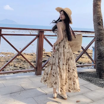 티 타임 꽃 프린트 탱크 드레스 여성 여름 A 라인 롱 드레스 해변 휴가 허리 장착 합리적인 디자인 틈새 스타일 
