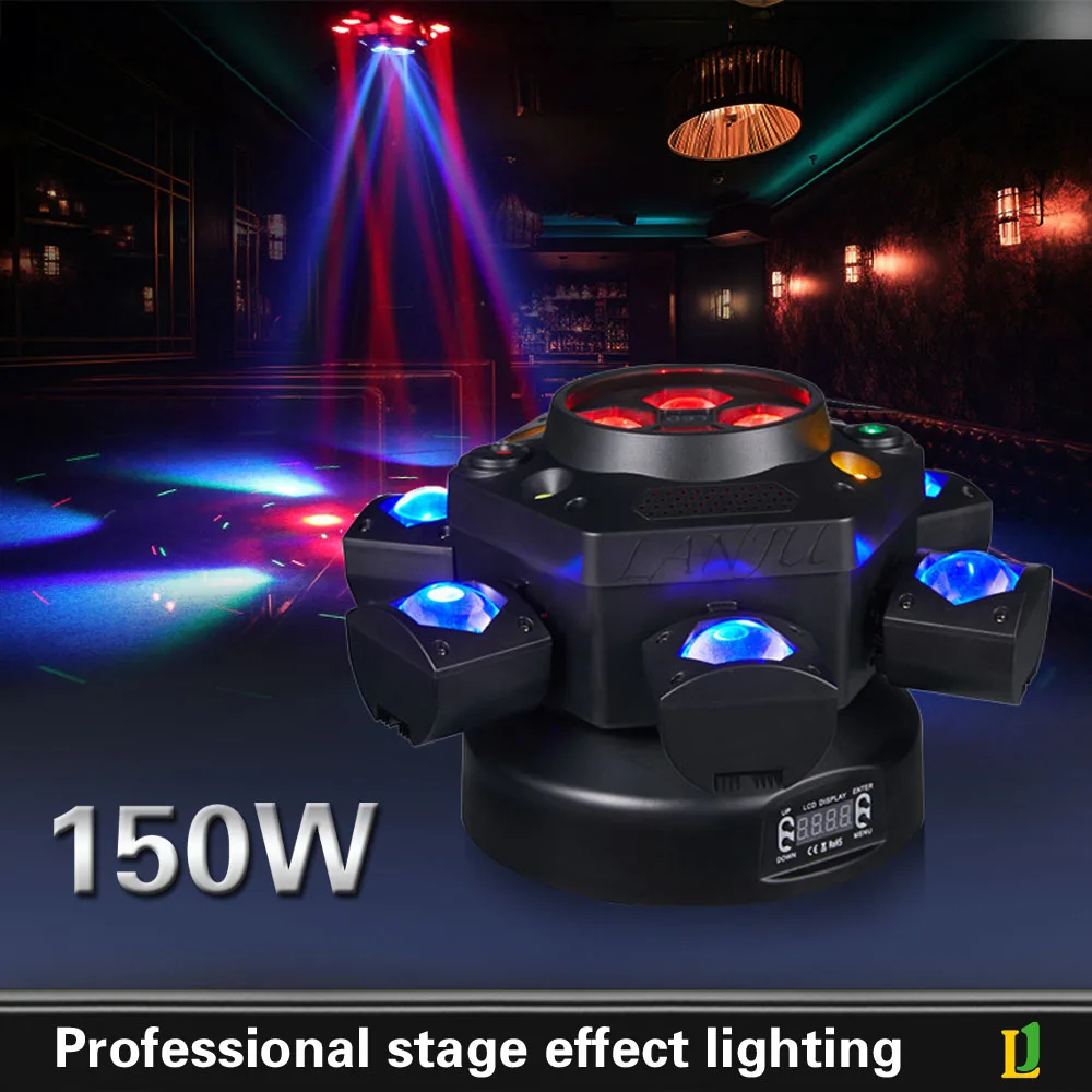 Lanju 150W 6Arm Led Moving Head Bead Light Whit Green Laser Strobe Stage Liget DMX Sound control For Disco Party Bar DJ Wedding