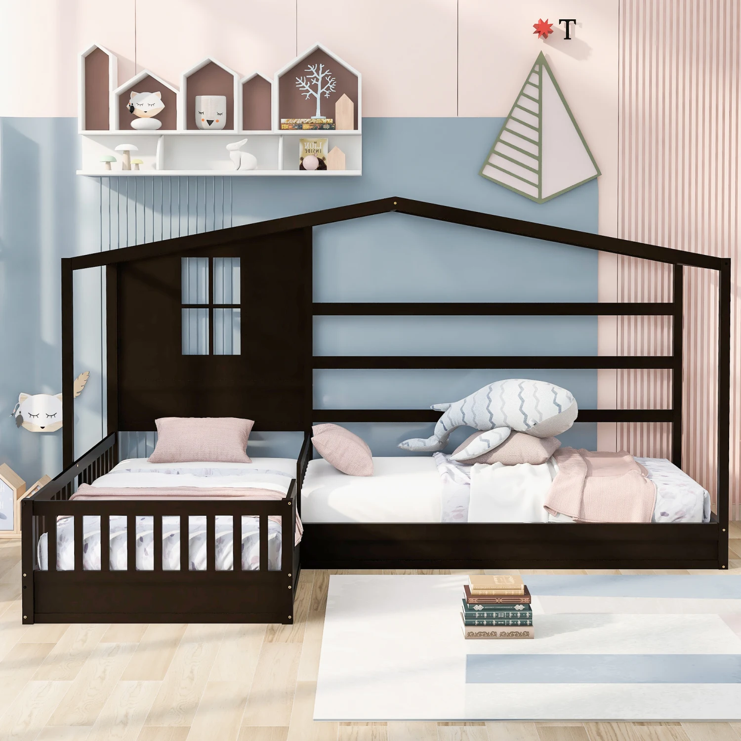 Wood House Bed Twin Size with Fence and Slatted Frame - Espresso Finish