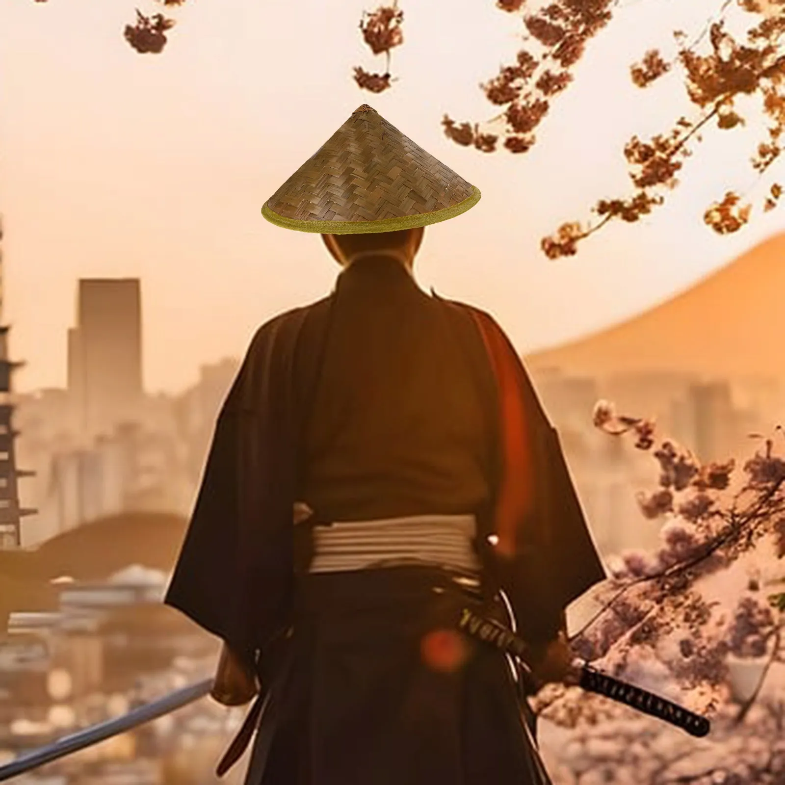 Sombrero Cónico Asiático, Sombrero de Paja de Bambú Inspirado en los Samuráis Japoneses para Cosplay, Actuaciones, Decoración con Temática de Agricultor de Arroz, Protección Solar Oriental