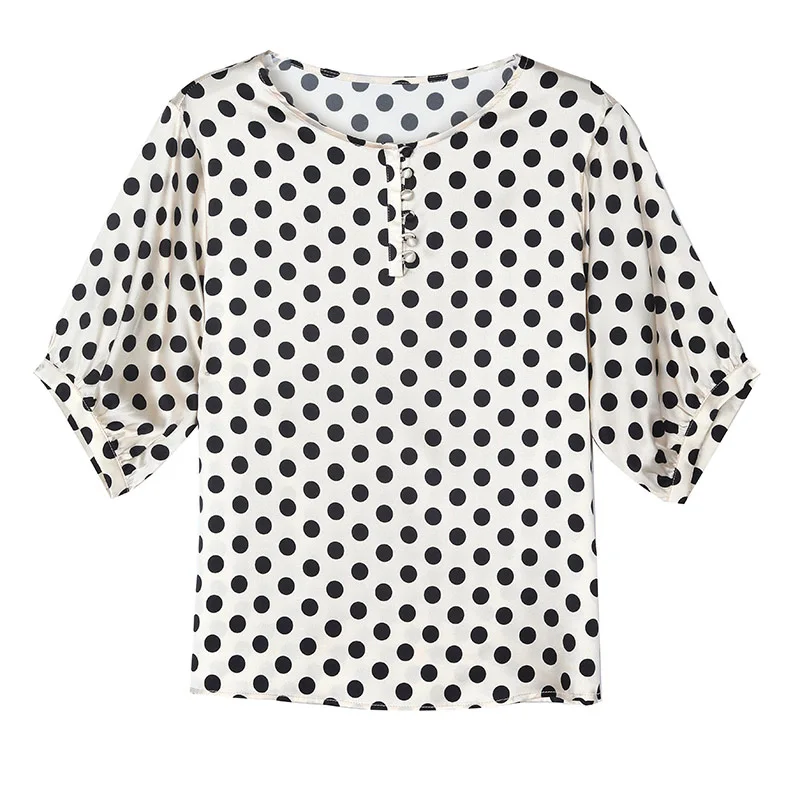 Women Clothing Fashion Polka Dot Print Chiffon Blouses Summer Elegant Chic O-neck Short Sleeve Shirts Loose Pullovers M-3XL