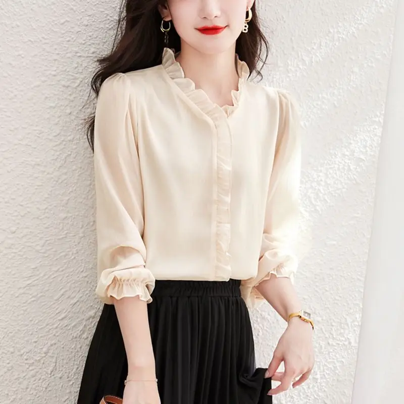 Camisa de gasa de manga larga con cuello en V y borde de hongo negro para mujer, traje de otoño, nueva camisa pequeña elegante y de estilo occidental