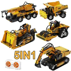 5IN1 Remote Control Excavator Loader Bulldozer Crane Truck Car City Technical Building Blocks Boys Birthday Gifts Kids Toys