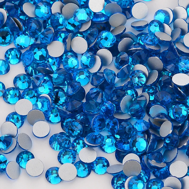 Blue Glass Flat Back Rhinestones Glitter Round Gemstones Non Hot Fix Glue On Rhinestone for Nail Art Fabric Clothing Decorating