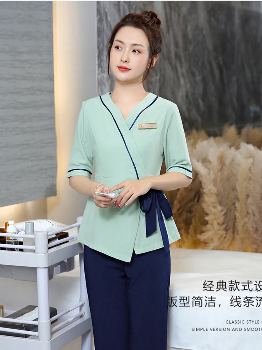 

2025 женская эластичная униформа, летняя высококачественная спа-ванна для здоровья, ванна для ног, рабочая униформа для салона красоты, медицинского клуба, спецодежда, костюм