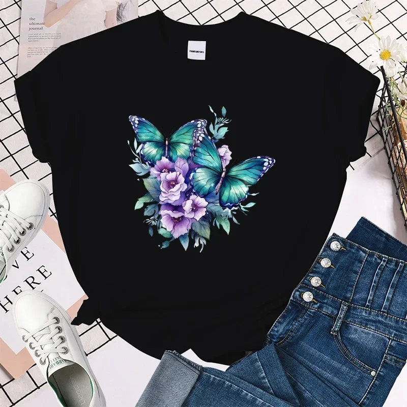 

Premium T-shirt Funny Flower Butterfly Print T-Shirts For Women Summer Round Neck Tee Shirt Femme Fashion Casual T-Shirts