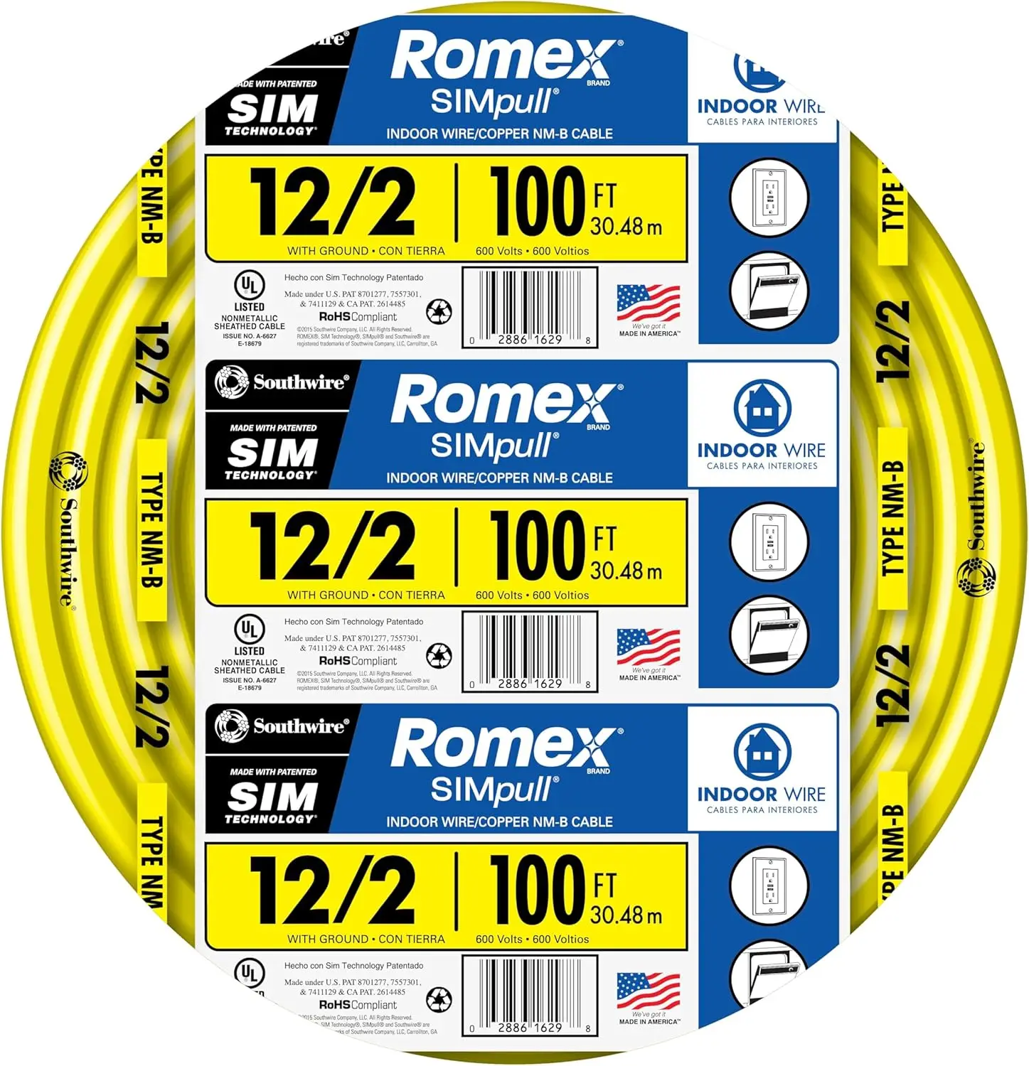 Romex Brand Simpull Solid Indoor 12/2 W/G NMB Cable 100ft coil - SW# 28828228