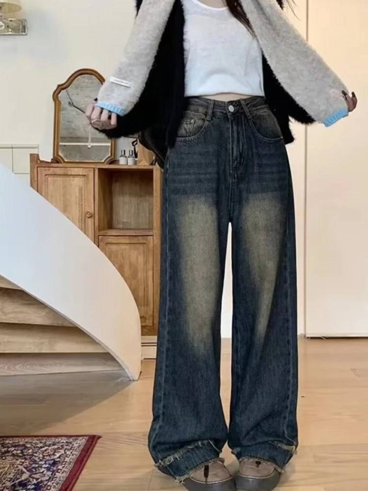 Estilo americano do vintage de cintura alta baggy perna reta jean feminino nova moda coreano alta rua calças jeans streetwear