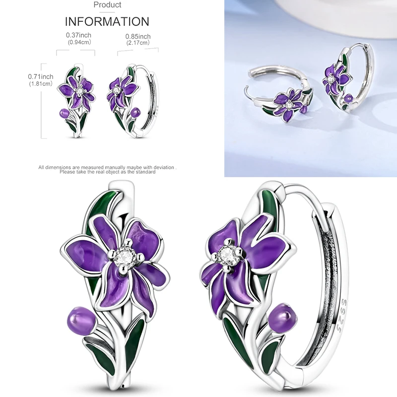 925 Sterling Silber Creolen Schmetterling Regenbogen Blume Tulpe Iris Lila Hängeohrringe Schmuck Geschenk für Frauen Mädchen – Detail 27