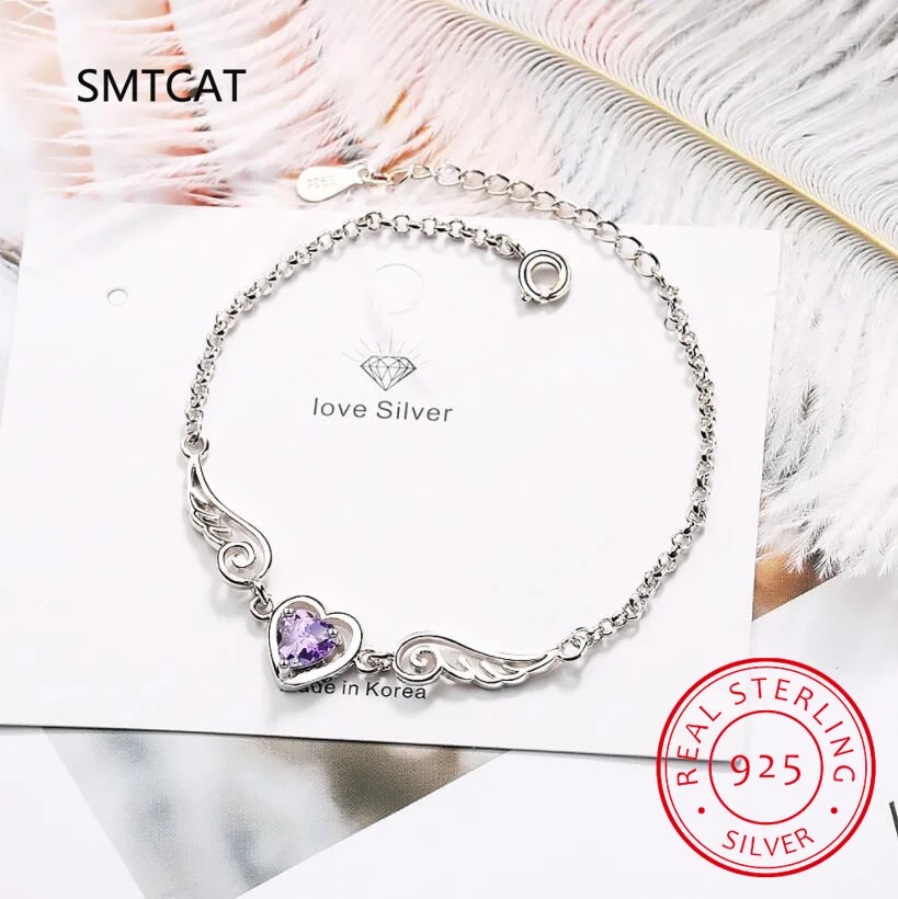 Heart Cut Genuine Purple Amethyst 925 Sterling Silver Angel Wings Bracelet for Women Fashion Gemstone Jewelry Gift